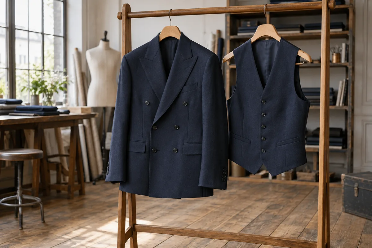 Veste croisée et gilet de costume assortis présentés côte à côte sur un portant en bois d’atelier