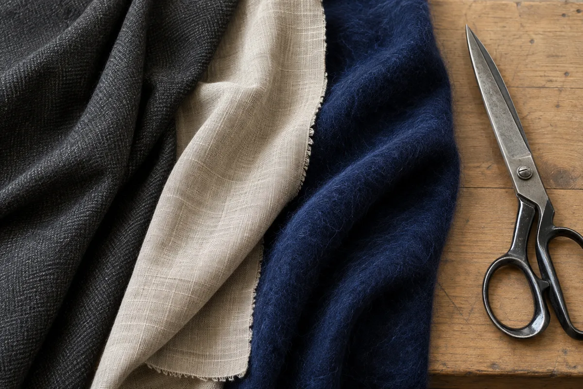Coupons de laine froide, de lin et de mohair posés côte à côte sur une table de coupe en bois