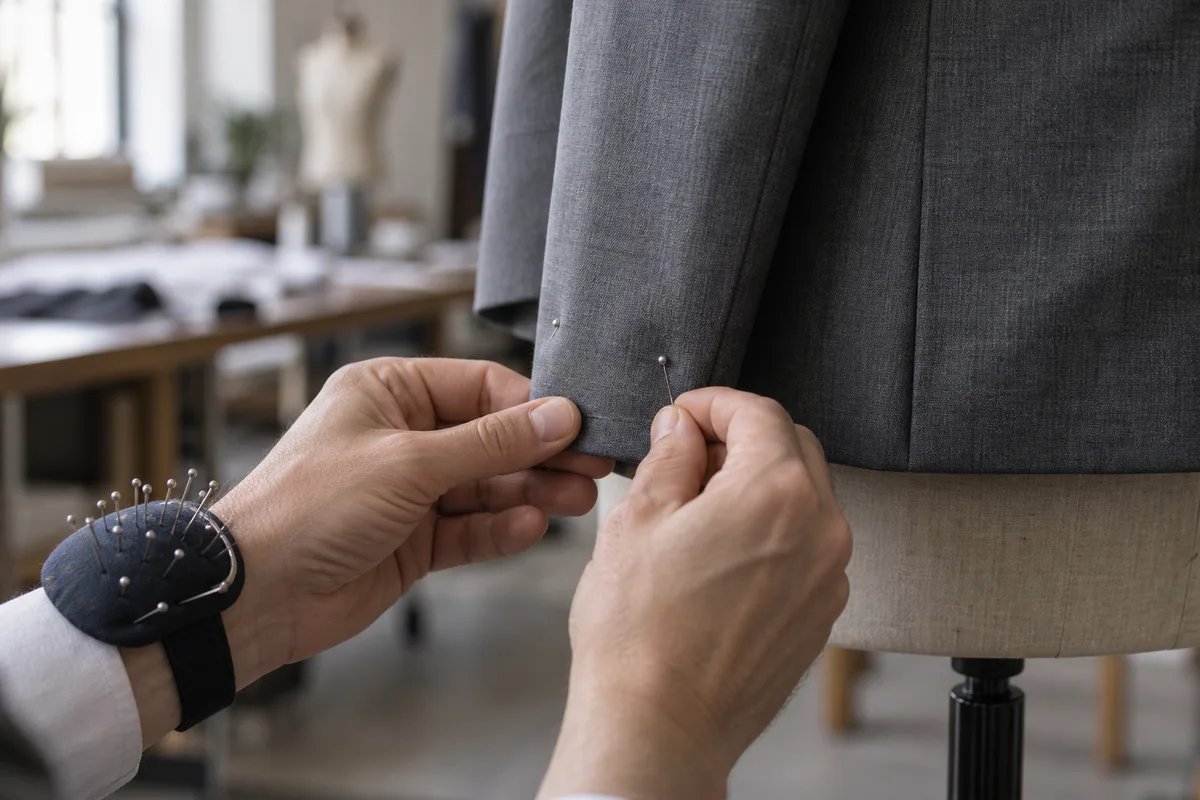 Mains d’un tailleur épinglant la longueur de manche d’une veste de costume sur un mannequin
