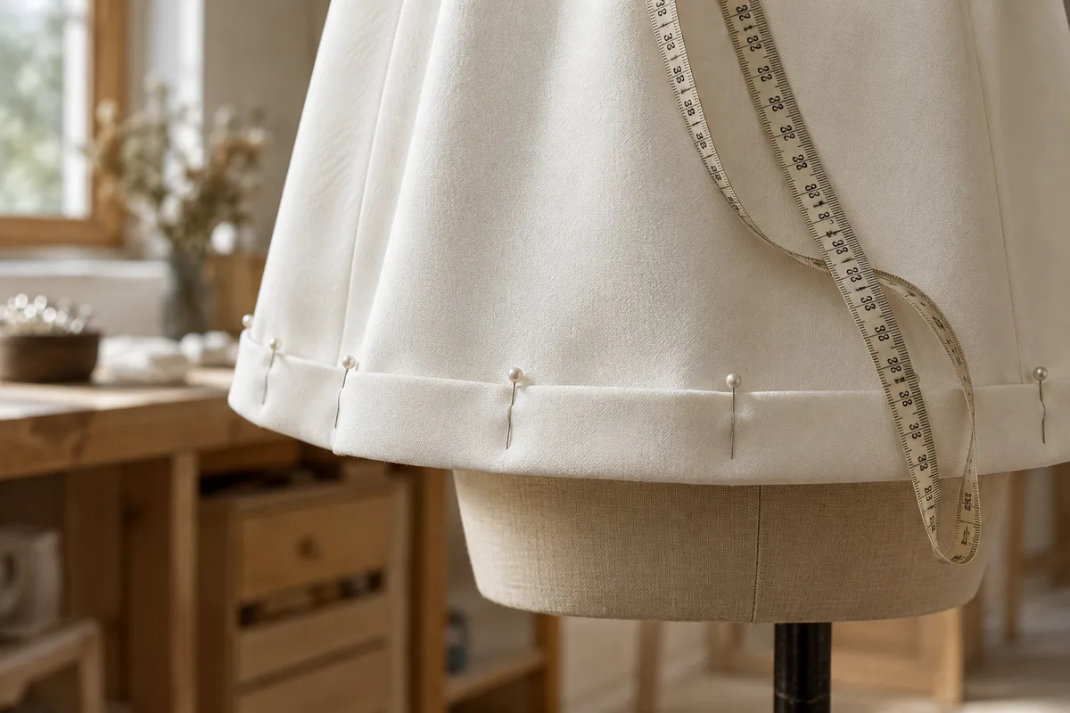 Ourlet d’une robe de mariée courte épinglé au ras du genou sur un mannequin