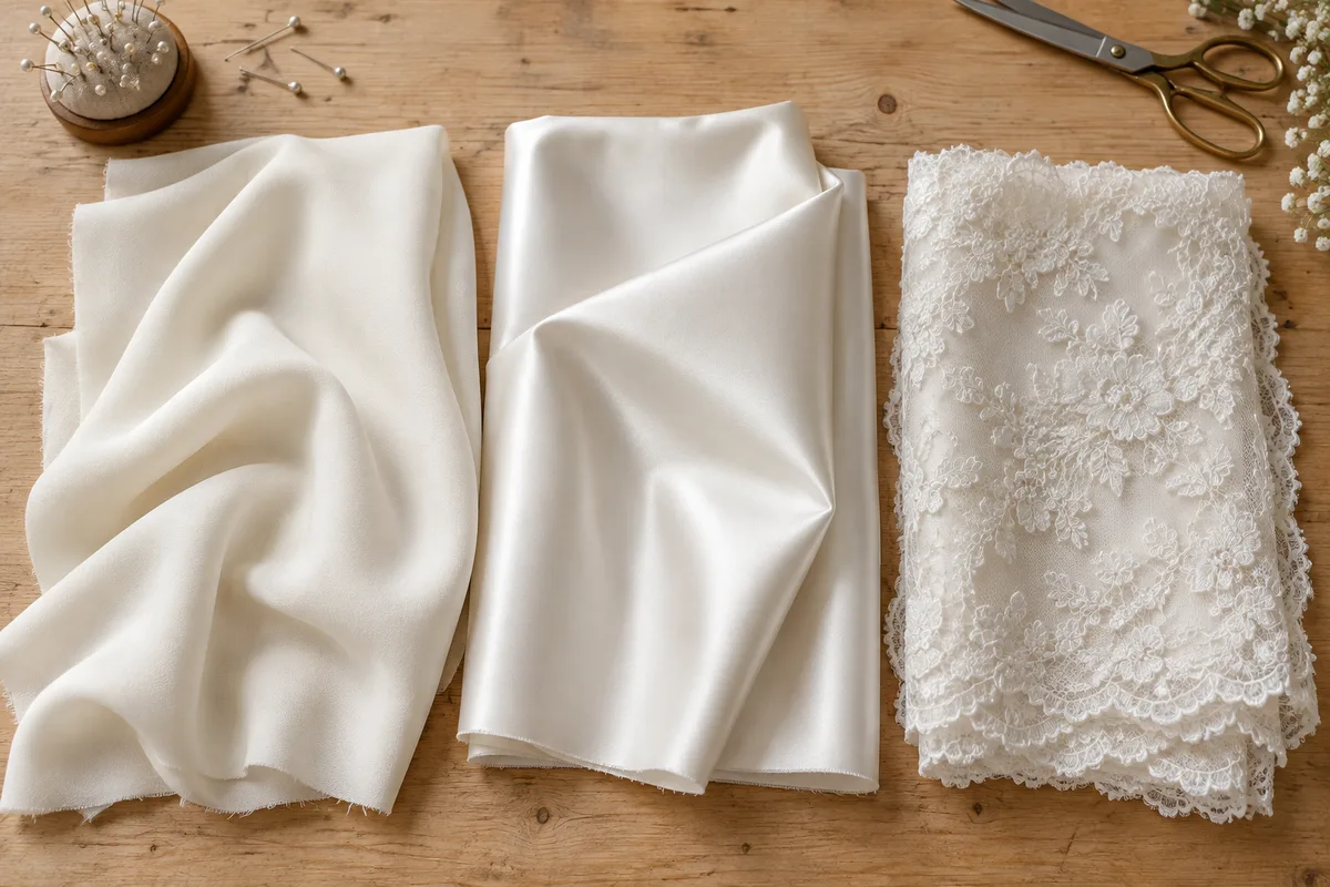 Chutes de crêpe, de mikado et de dentelle claire posées sur une table d’atelier