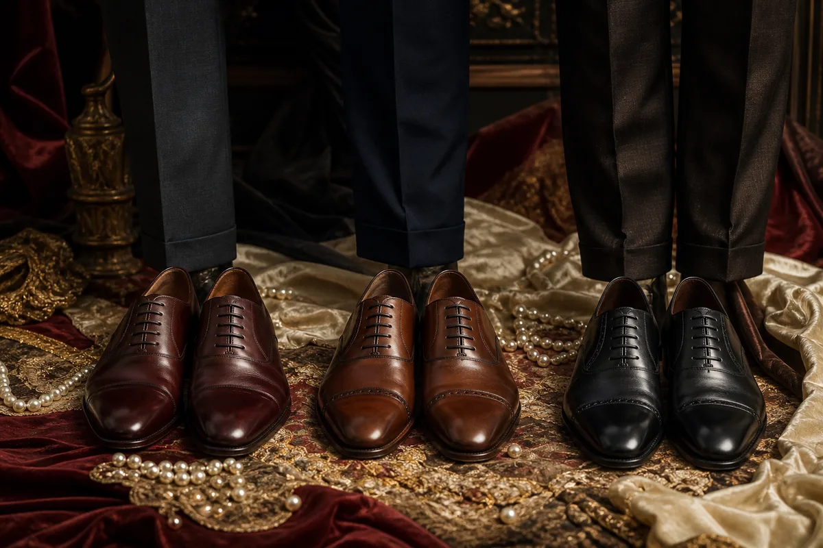 Trois paires de chaussures de ville en cuir alignées devant un pantalon de costume