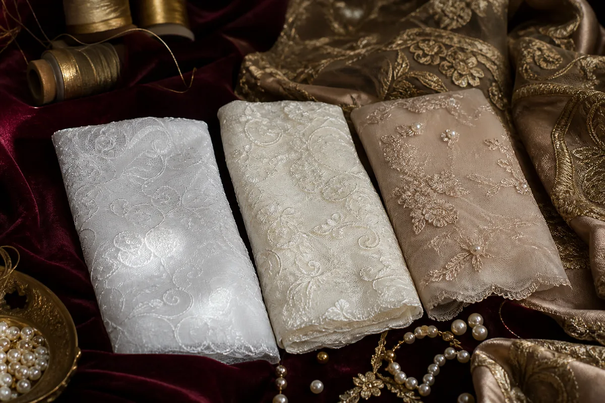 Trois échantillons de tissus de mariée, blanc optique, ivoire et nude, posés côte à côte