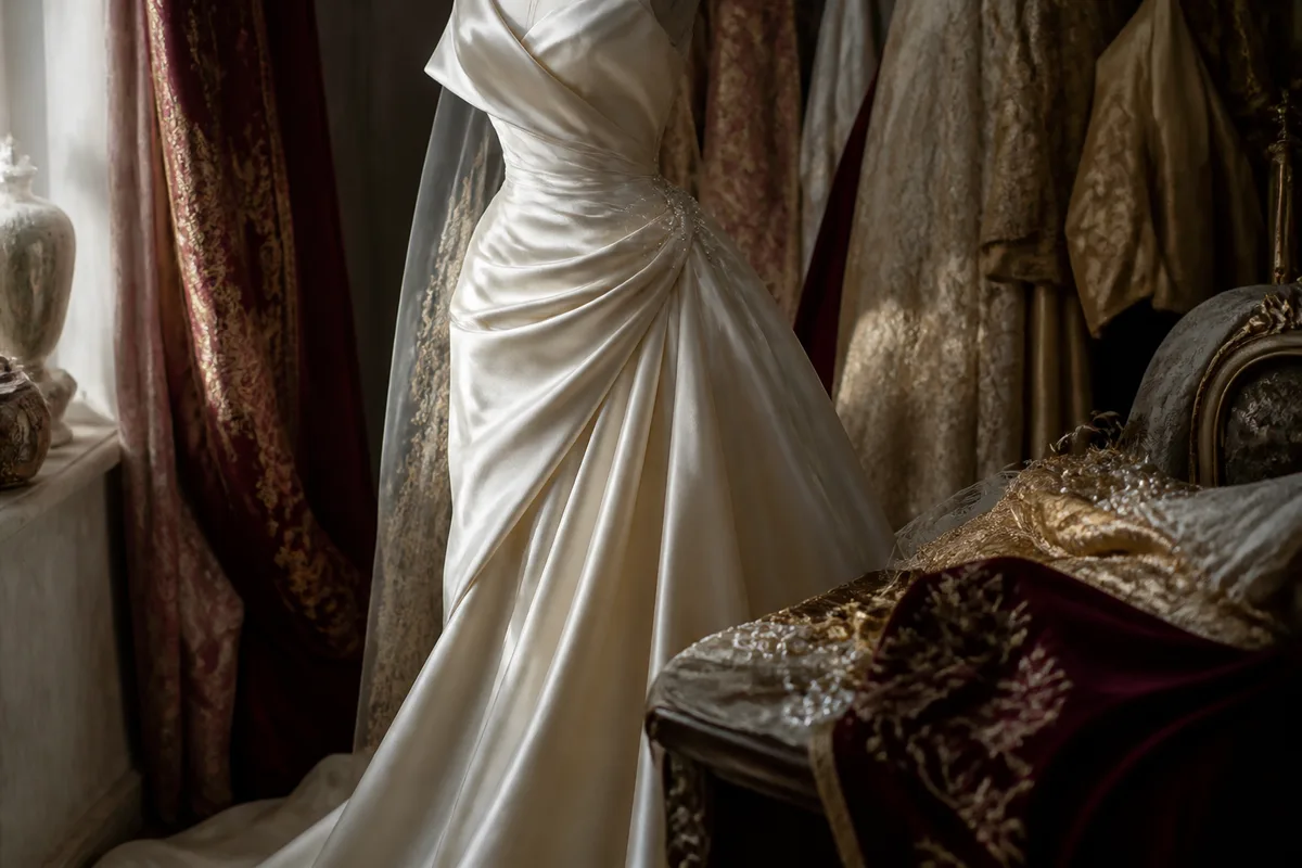 Robe de mariée ivoire vue en lumière naturelle, plis et reflets du satin