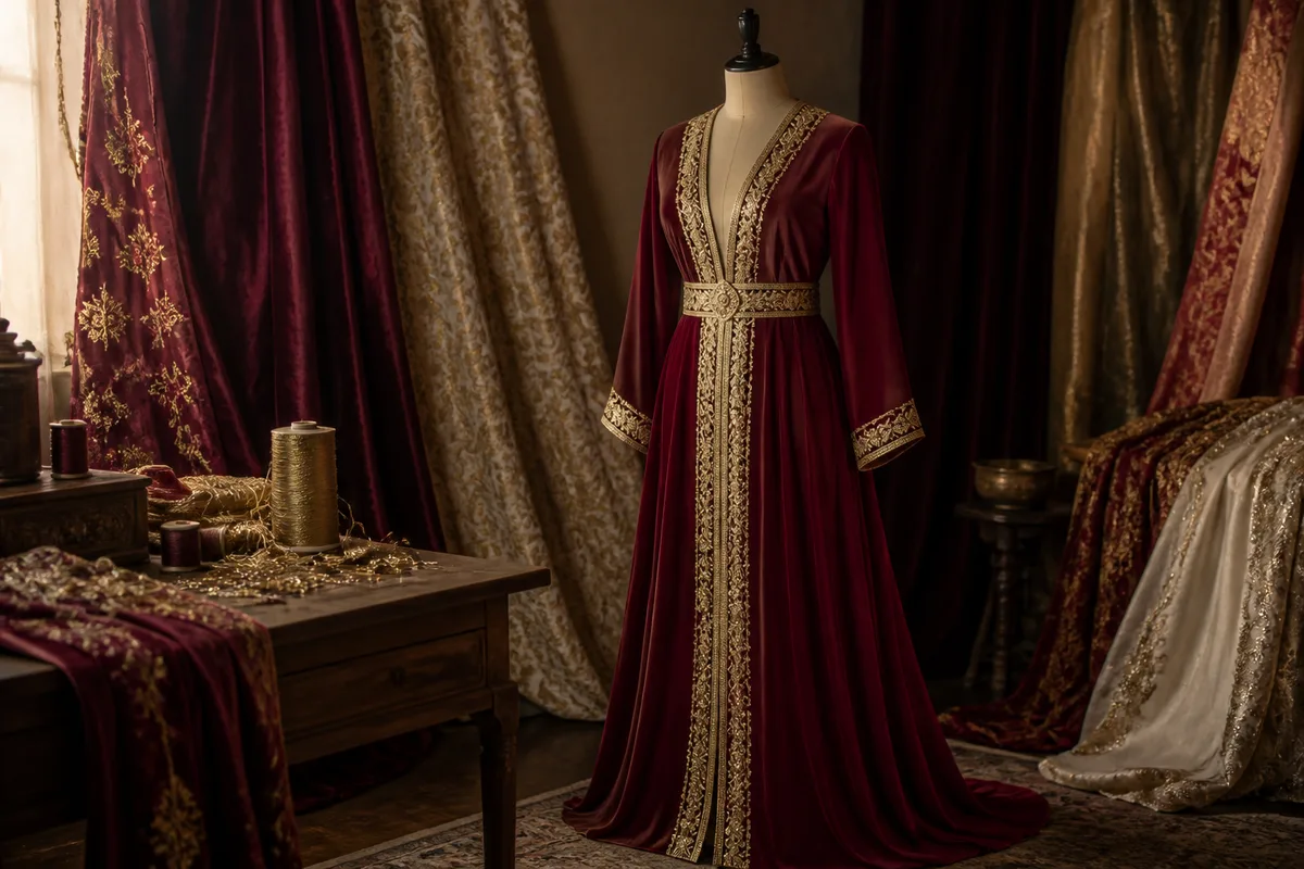 Caftan marocain en crêpe posé sur un mannequin de couture, manches longues et encolure brodée