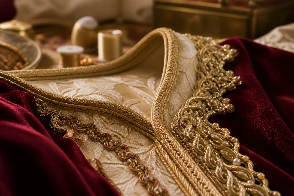 Détail de broderie dorée et de galon de passementerie sur l’encolure d’un caftan