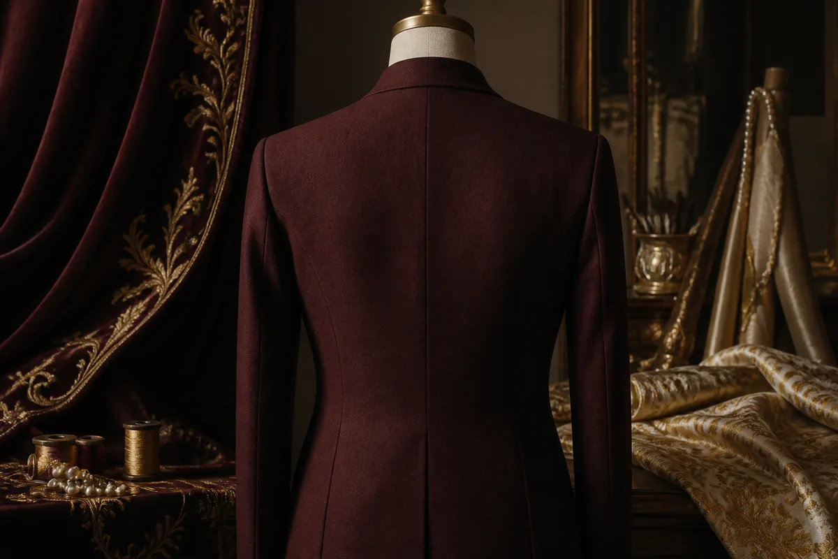 Veste de costume vue de dos, ligne d’épaule et cintrage visibles sur un mannequin