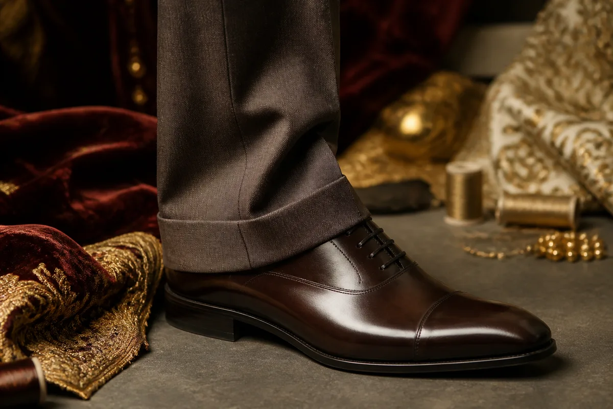 Bas de pantalon de costume tombant sur une chaussure, break léger visible