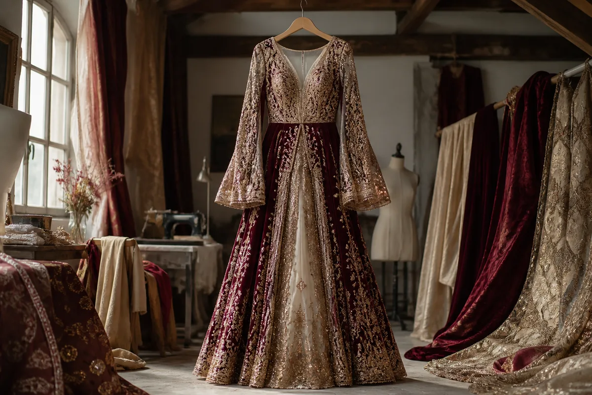 Robe brodée suspendue sur un cintre large dans une pièce aérée