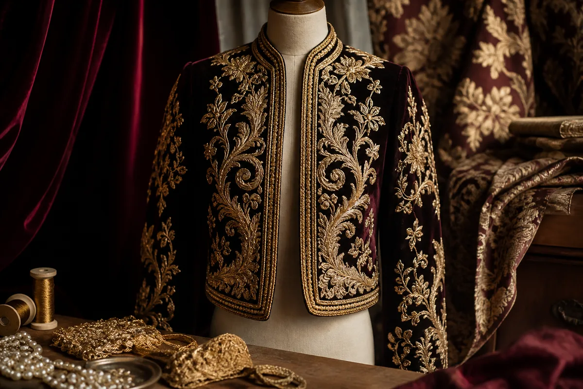 Veste courte de karakou en velours foncé, brodée de fil doré sur les devants et les manches