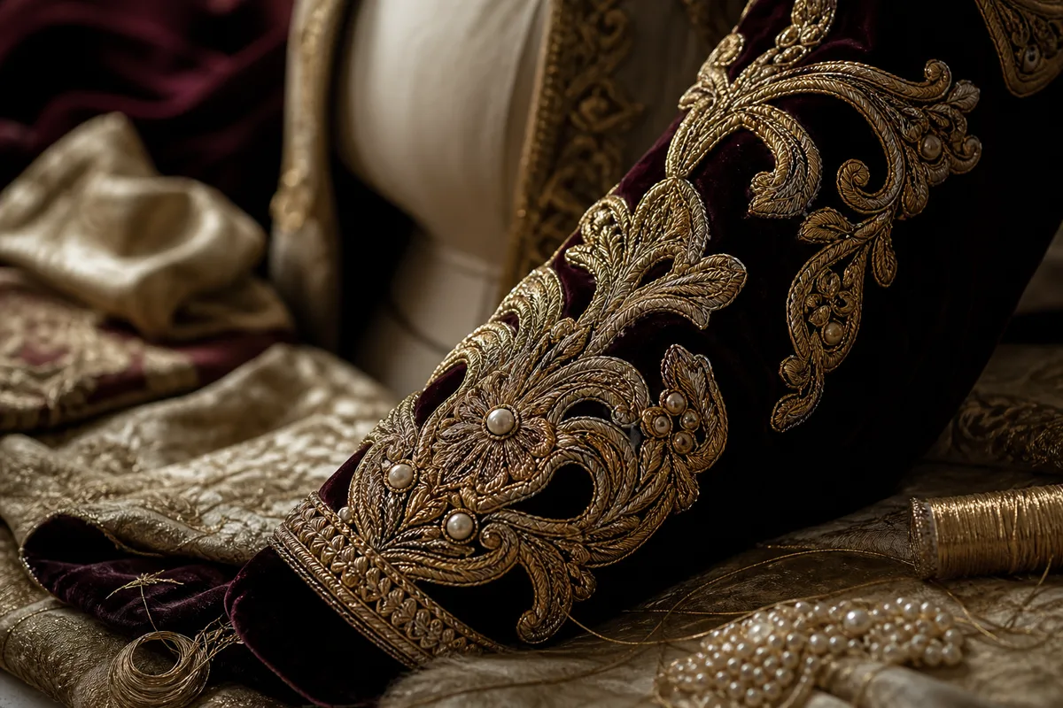 Détail de broderie de fil d’or en relief sur une manche de karakou