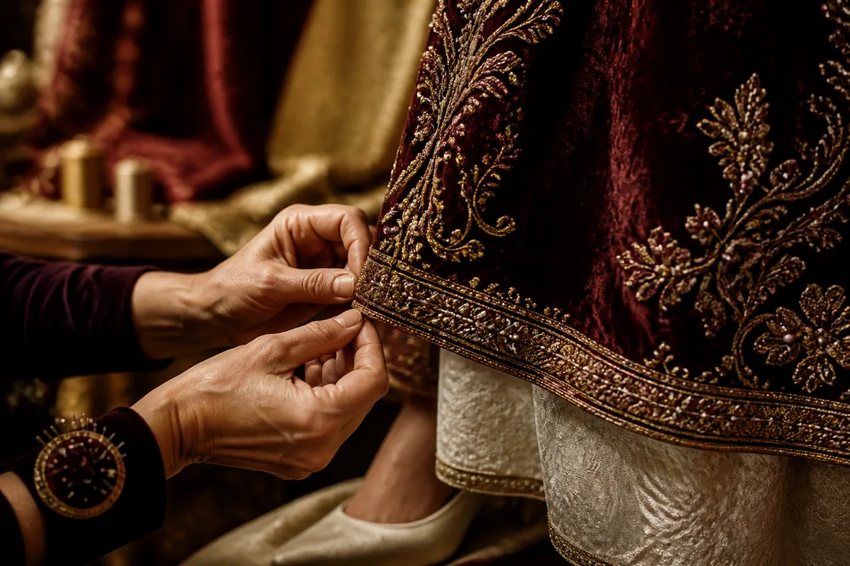 Retouche à l’épingle sur un ourlet de tenue de cérémonie lors d’un essayage