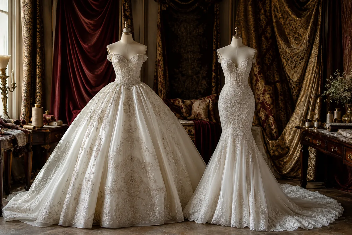Robe de mariée à jupe volumineuse présentée à côté d’une robe sirène ajustée